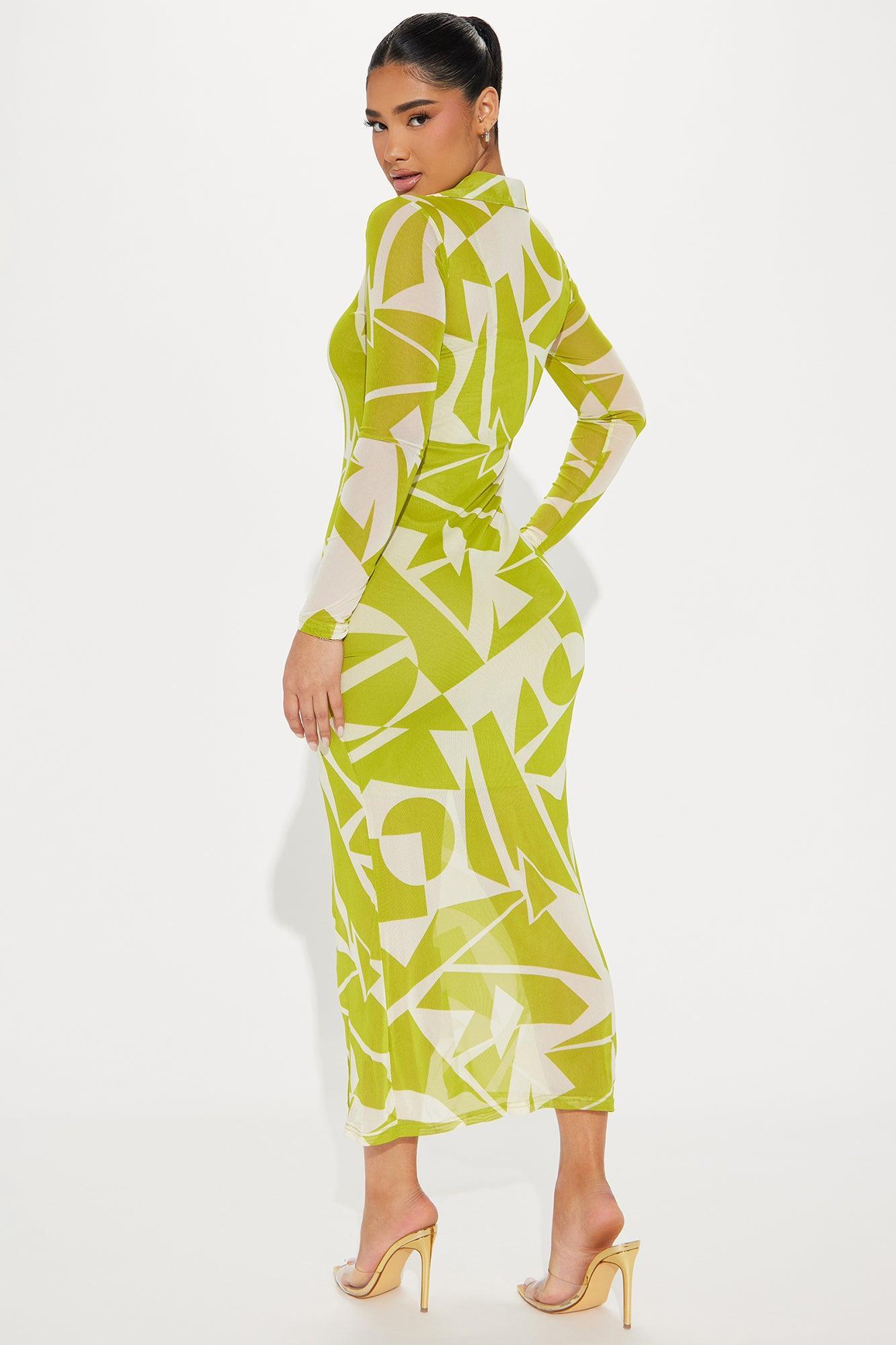 Alia Geometric Mesh Maxi Dress - Green/combo Product Image