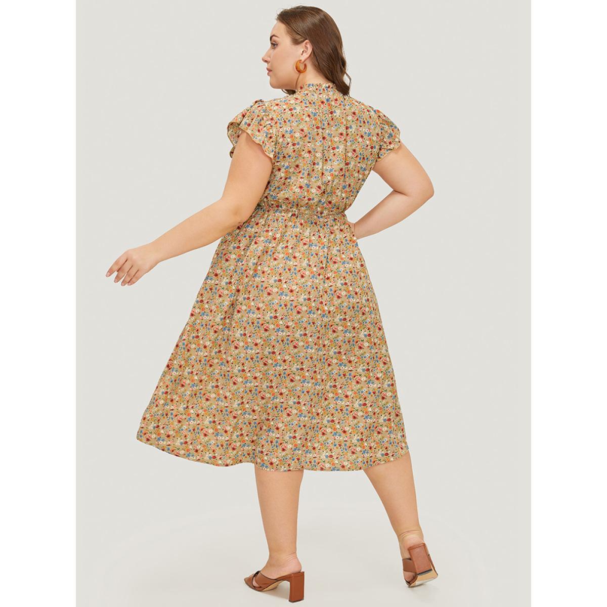 Plus Size Ditsy Floral Ruffle Sleeve Pocket Frill Trim Mock Neck Dress Tan Women Elegant Pocket Mock Neck Half Sleeve Curvy Midi Dress BloomChic 10/M Product Image