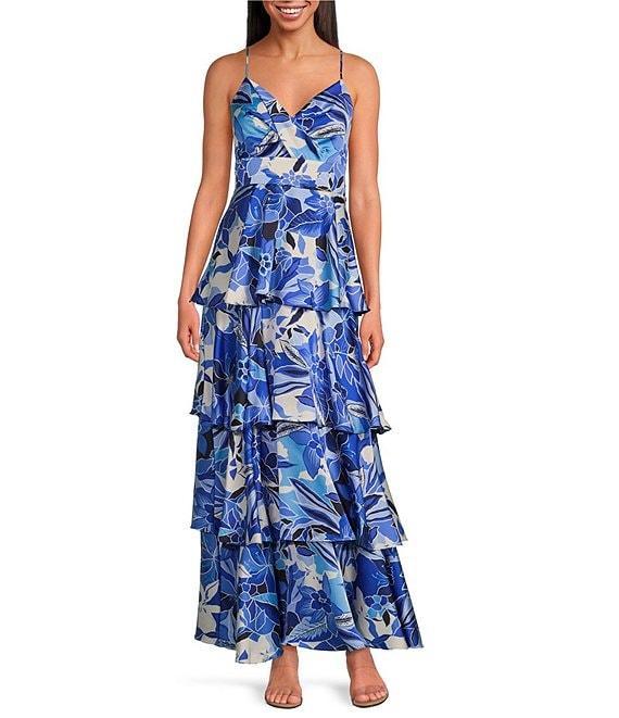 Skies Are Blue Floral Print V-Neck Sleeveless Satin Tier Maxi Dress Product Image