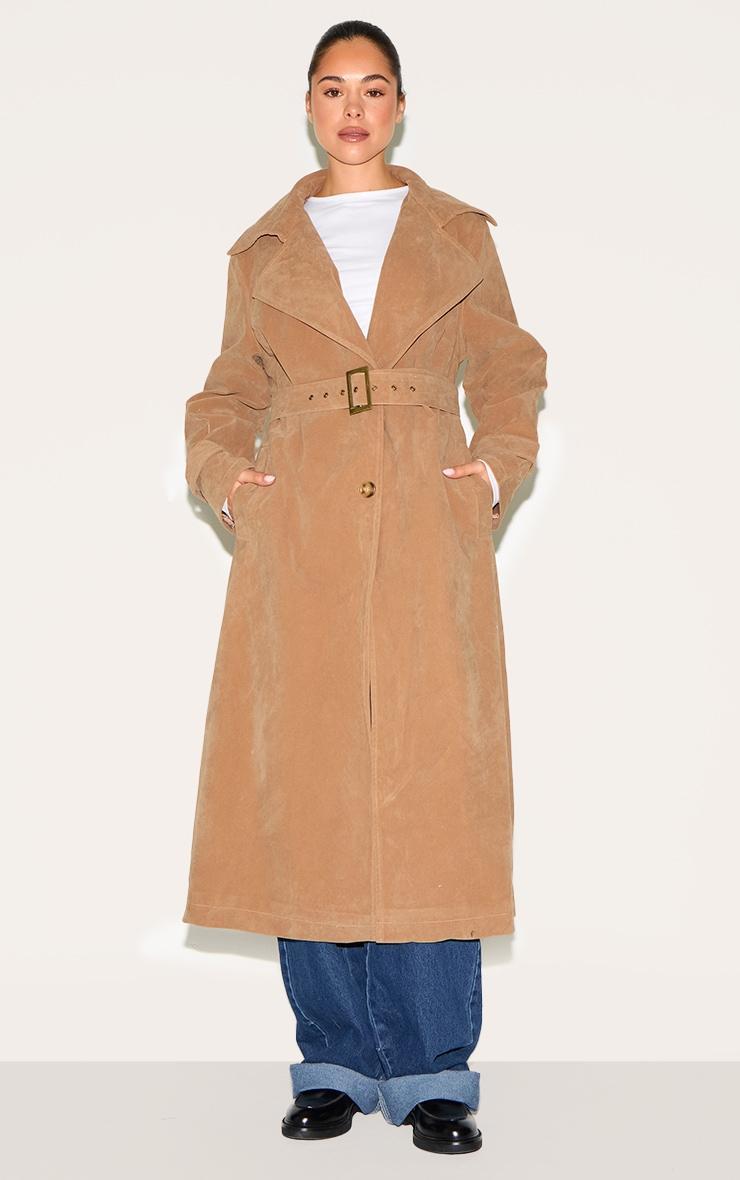 Tan Faux Suede Buckle Belt Trench Coat Product Image