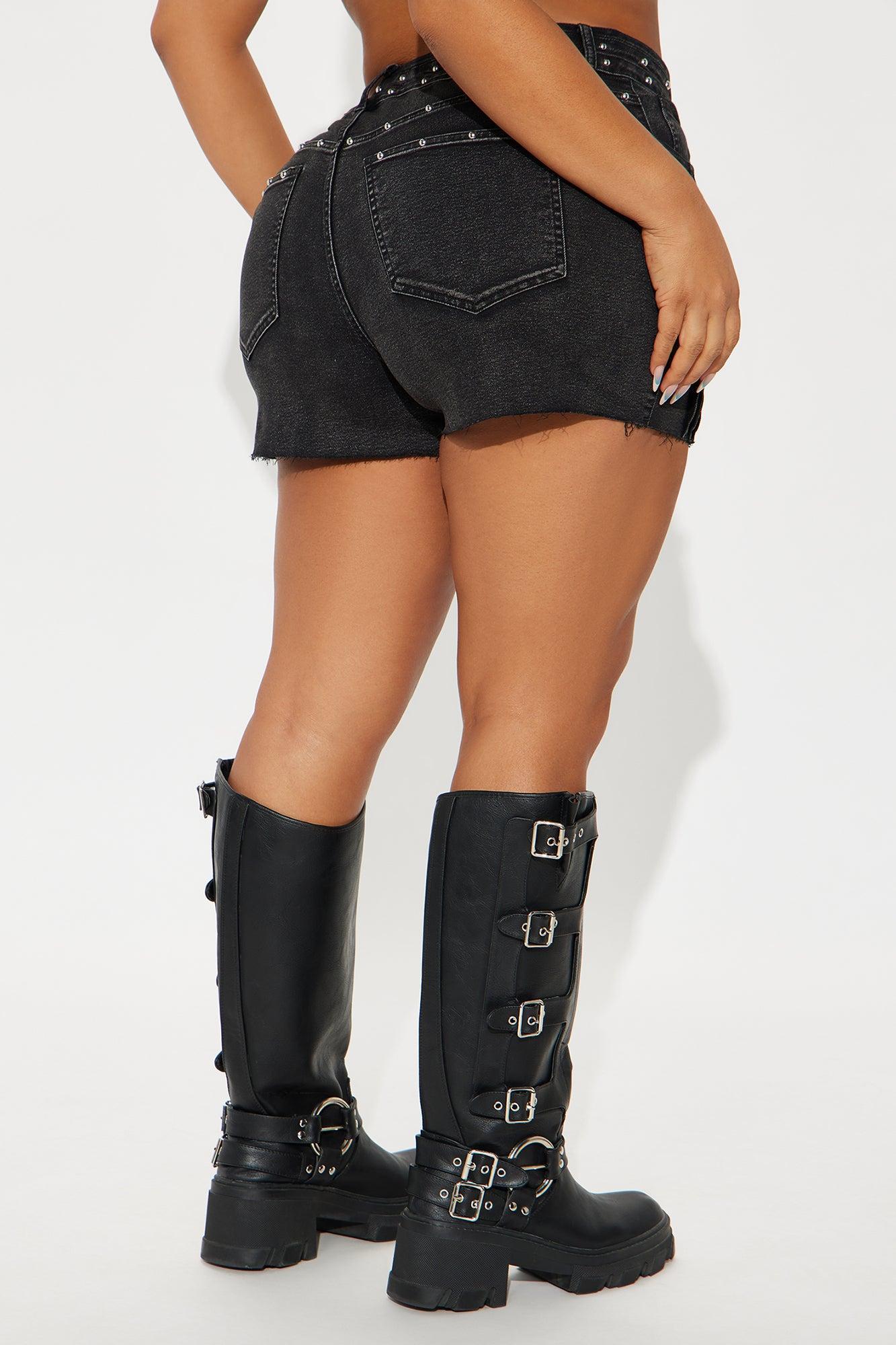 Power Play Studded Stretch Denim Shorts - Black Wash Female Product Image