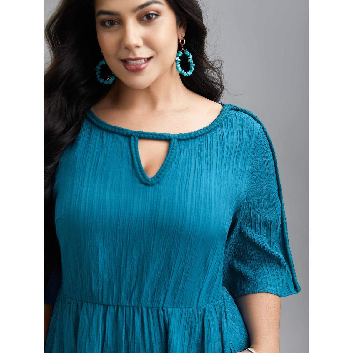 Plus Size Neck Cut-Out Textured Midi Dress Aegean Women Resort Woven ribbon&lace trim Round Neck Half Sleeve Curvy BloomChic 28/5X Product Image
