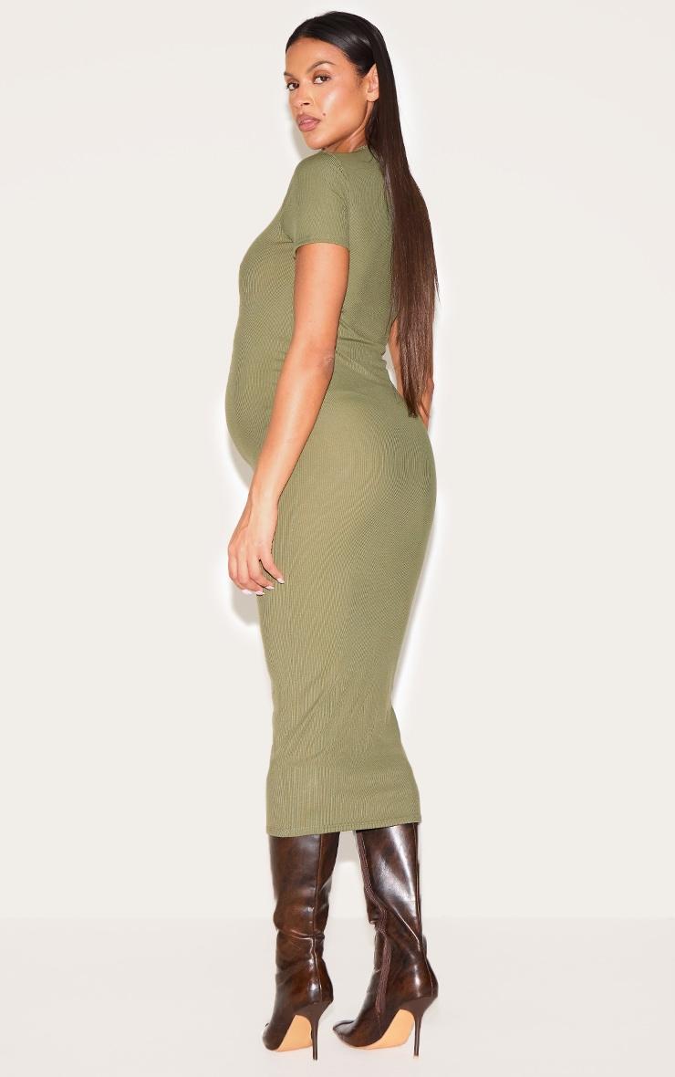 Maternity Khaki Ribbed Crew Neck Midi Dress Product Image
