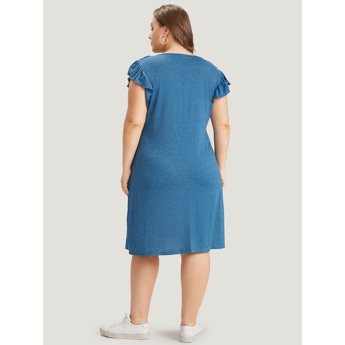 Plus Size Supersoft Essentials Plain Pocket Button Through Flutter Dress Aegean Women Casual Button V-neck Cap Sleeve Curvy Midi Dress BloomChic 30/6X Product Image