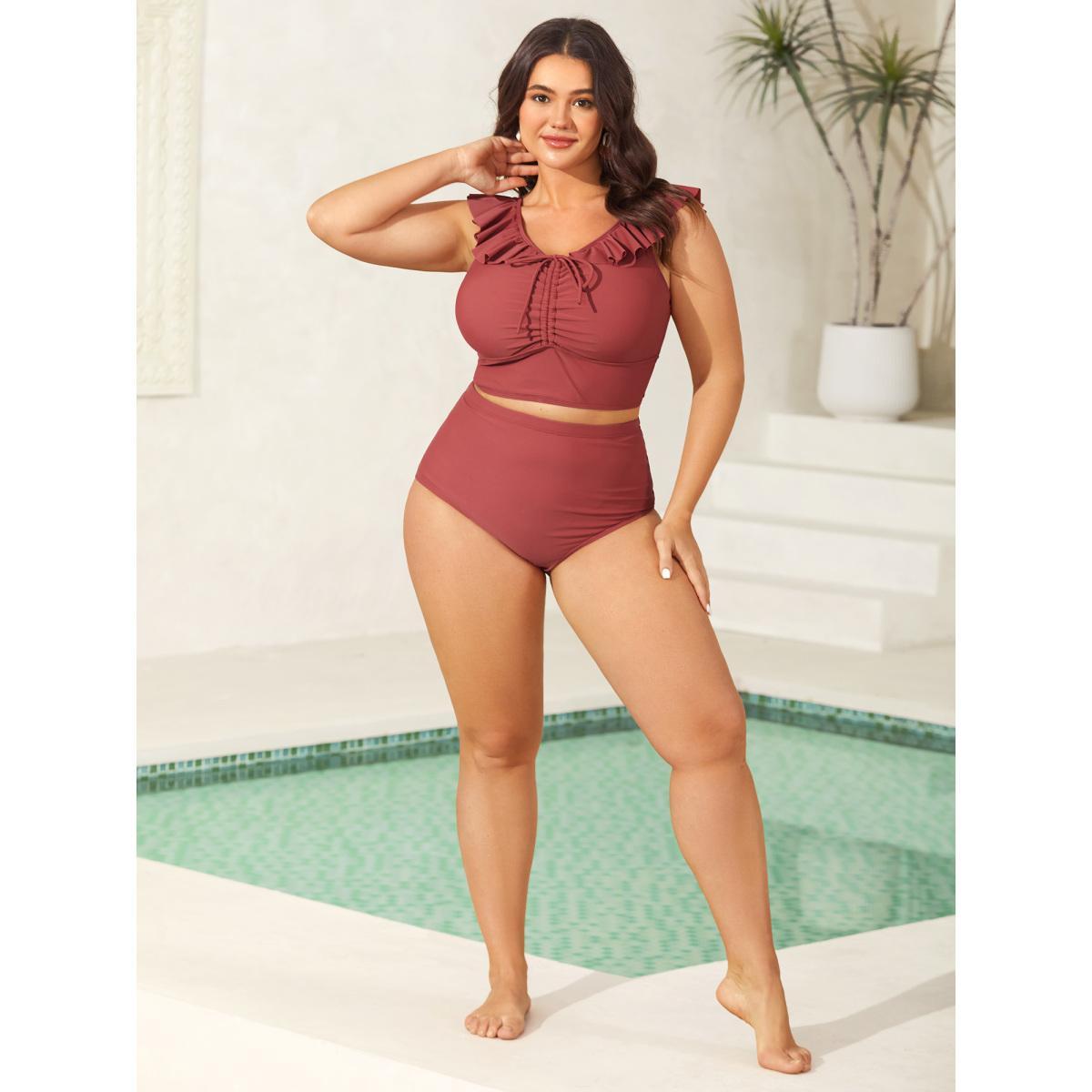 Plus Size Ruffled Drawstring Bodice Swim Top Women's Swimwear Rust Beach Drawstring High stretch Skinny V-neck Curve Swim Tops BloomChic 30/6X Product Image