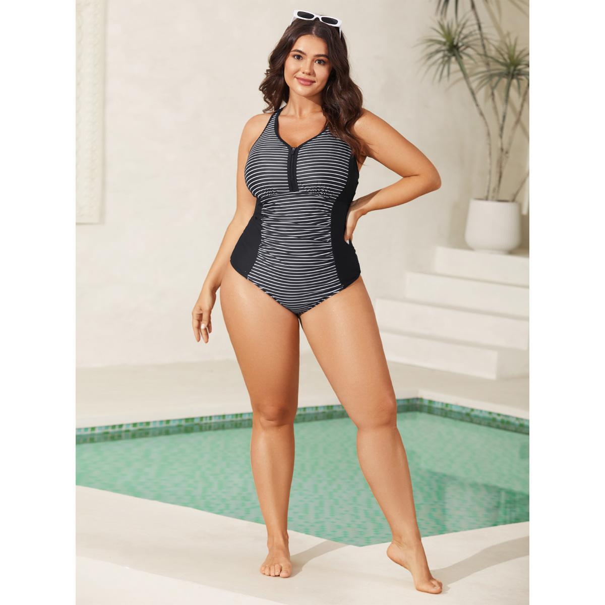 Plus Size Stripes Color Contrast One-Piece Swimsuit Women's Swimwear Black Beach Contrast Curve Bathing Suits High stretch One Pieces BloomChic 14-16/1X Product Image