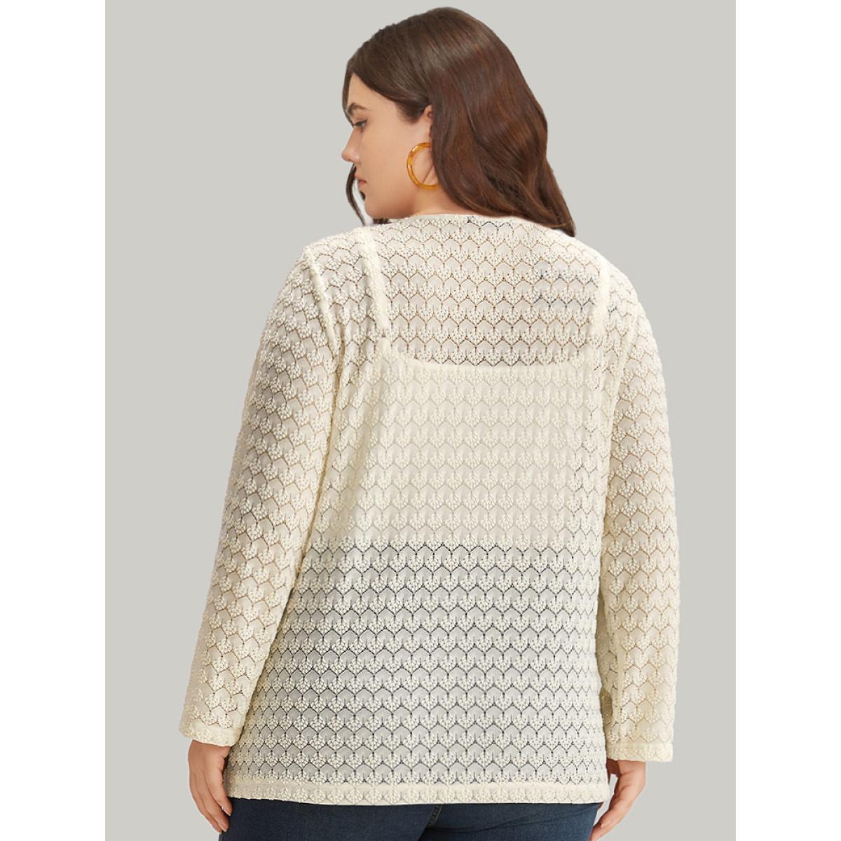 Plus Size Geometric Lace Hollow Out Button Through Jacket Women Beige Casual Plain Ladies Dailywear Winter Coats BloomChic 28/5X Product Image