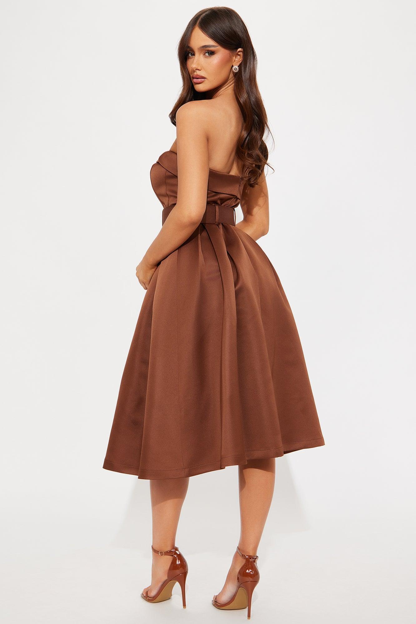 Arabella Belted Satin Midi Dress - Chocolate Product Image