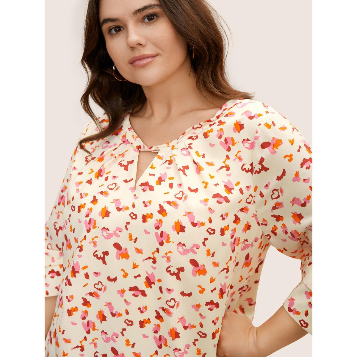 Plus Size Multicolor Allover Print Ruffle Sleeve Keyhole Blouse Women At the Office Elbow-length sleeve Round Neck Work Blouses BloomChic 14-16/1X Product Image