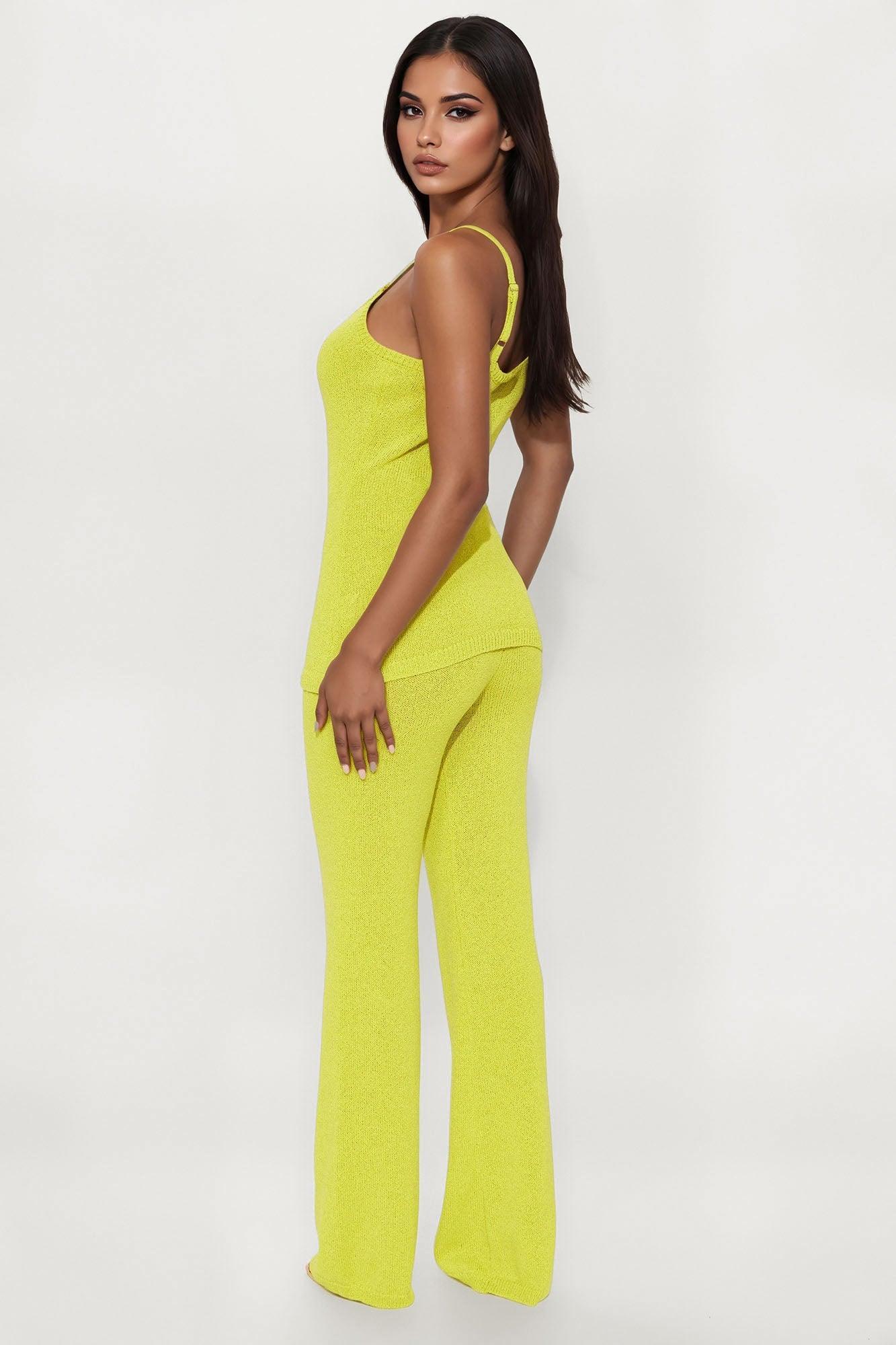 Bella Button Front Knit Pant Set - Chartreuse Product Image