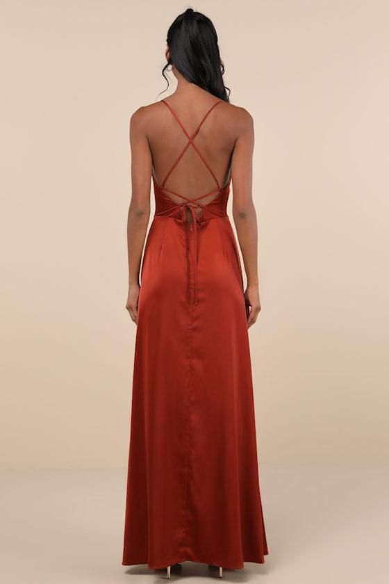 So Loving Rust Orange Satin Pleated Lace-Up Backless Maxi Dress Product Image