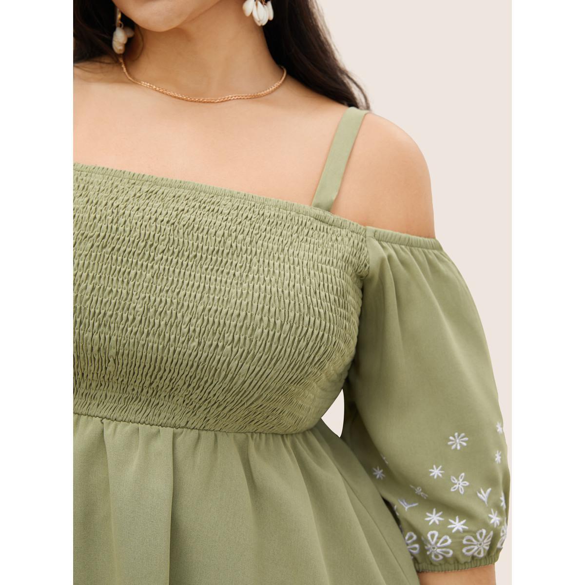 Plus Size Mint Floral Embroidered Shirred Off Shoulder Blouse Women Resort Half Sleeve One-shoulder neck Vacation Blouses BloomChic 12/L Product Image