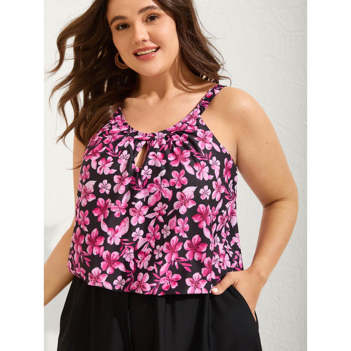 Plus Size Floral Print Keyhole Pockets Swim Romper Women's Swimwear Rosered Beach Curve Bathing Suits High stretch One Pieces BloomChic 28/5X Product Image