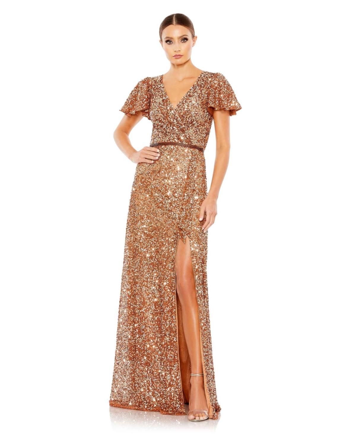 Mac Duggal Sequin V-Neck Short Flutter Sleeve Front Slit Gown Product Image