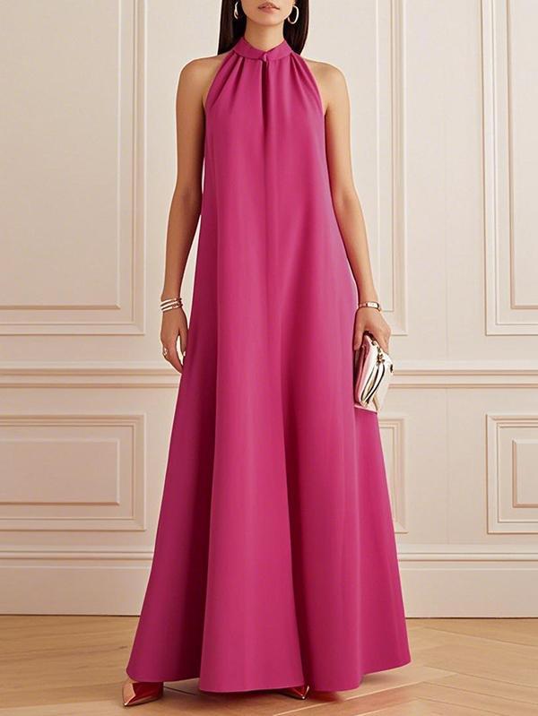 A-Line Loose Pleated Solid Color Mock Neck Maxi Dresses Product Image
