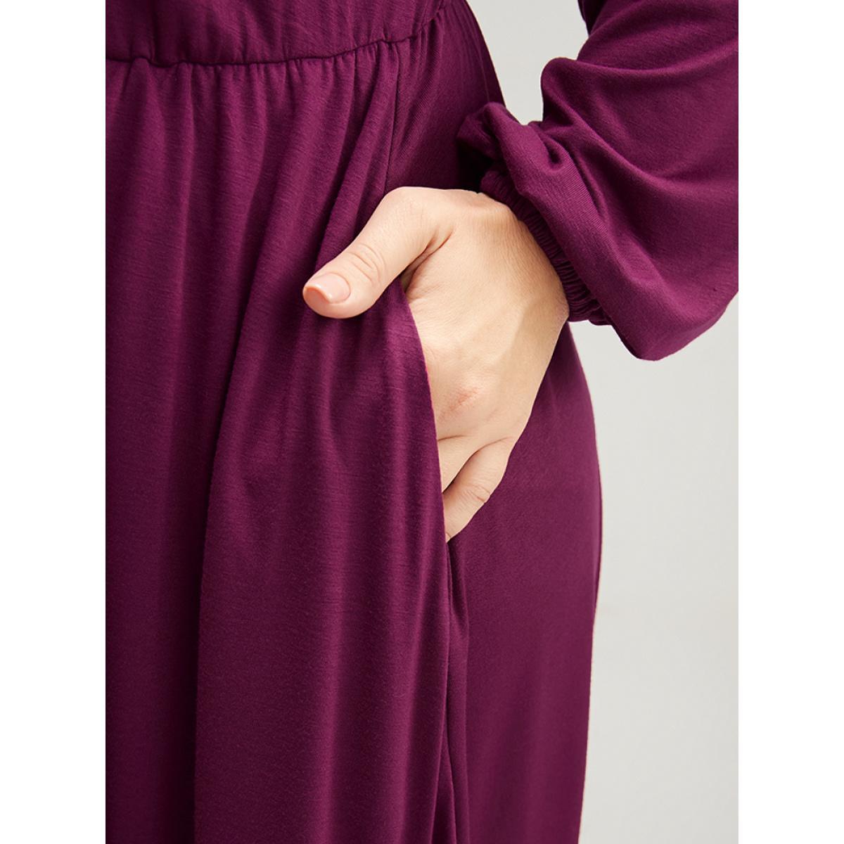 Plus Size Solid Frill Trim Shirred Lantern Sleeve Pocket Flutter Maxi Dress Purple Women Elegant Pocket Round Neck Long Sleeve Curvy Long Dress BloomChic 28/5X Product Image