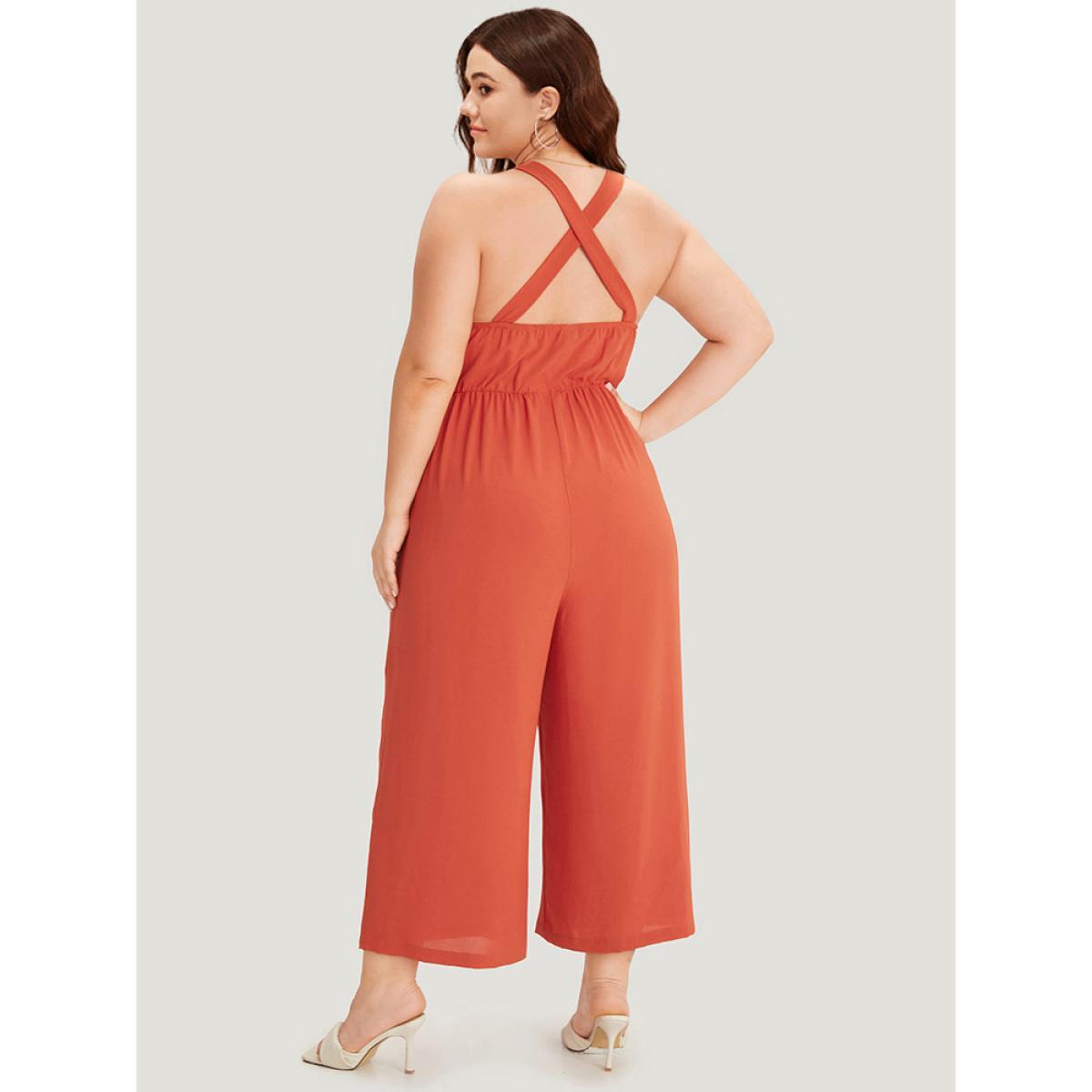 Plus Size Rust plain Gathered Shirred Pocket Cami Jumpsuit Women Elegant Sleeveless Spaghetti Strap Dailywear Loose Jumpsuits BloomChic 10/M Product Image