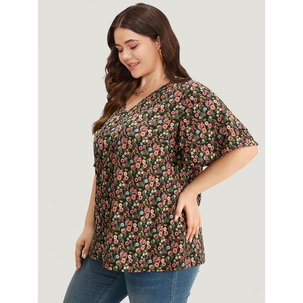 Plus Size BlackFlower Floral Print Layered Ruffle Sleeve Blouse Women Elegant Short sleeve V-neck Dailywear Blouses BloomChic 28/5X Product Image
