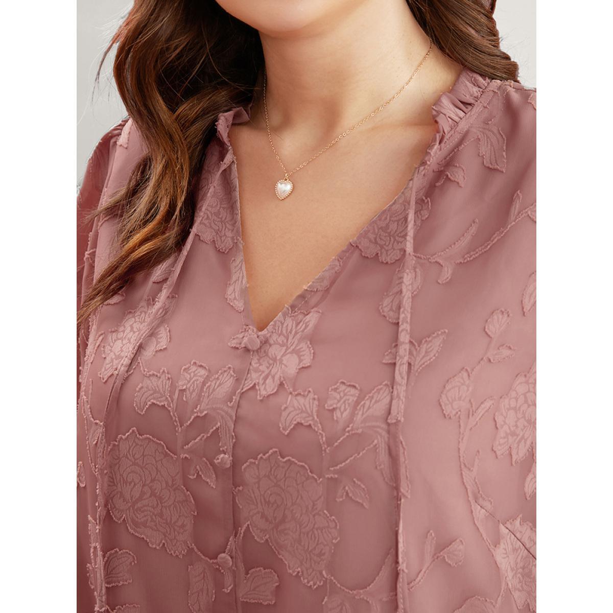 Plus Size DustyPink Floral Print Tie Neck Frill Trim Lantern Sleeve Blouse Women Glamour Long Sleeve V-neck Dailywear Blouses BloomChic 14-16/1X Product Image