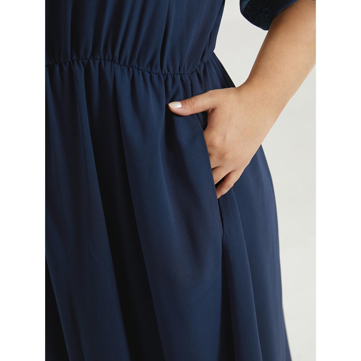 Plus Size Floral Embroidered Pocket Square Neck Lantern Sleeve Dress Indigo Women Elegant Elastic cuffs Square Neck Half Sleeve Curvy Midi Dress BloomChic 22-24/3X Product Image