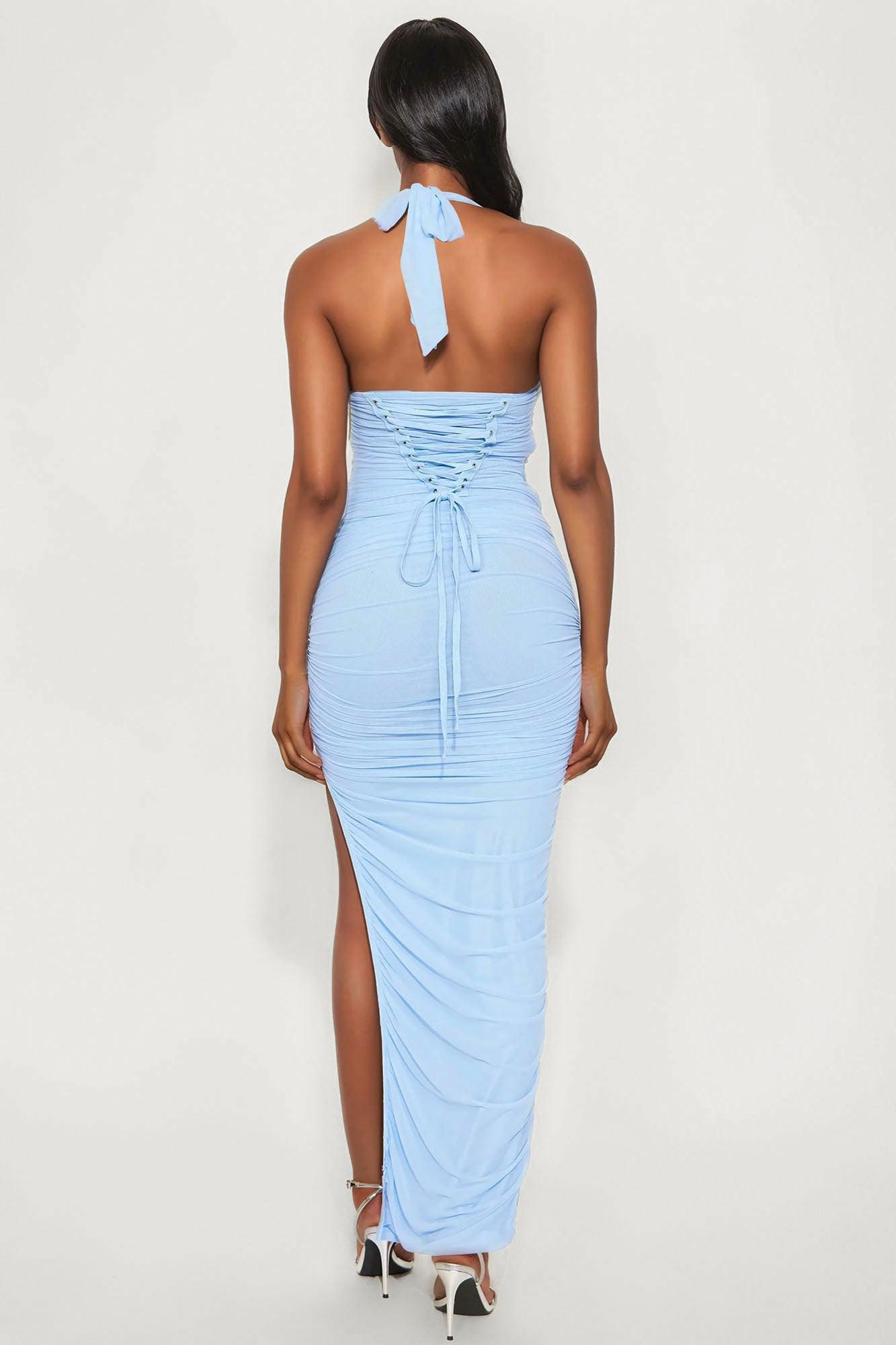 Lisa Ruched Mesh Sleeveless Maxi Dress - Light Blue Product Image