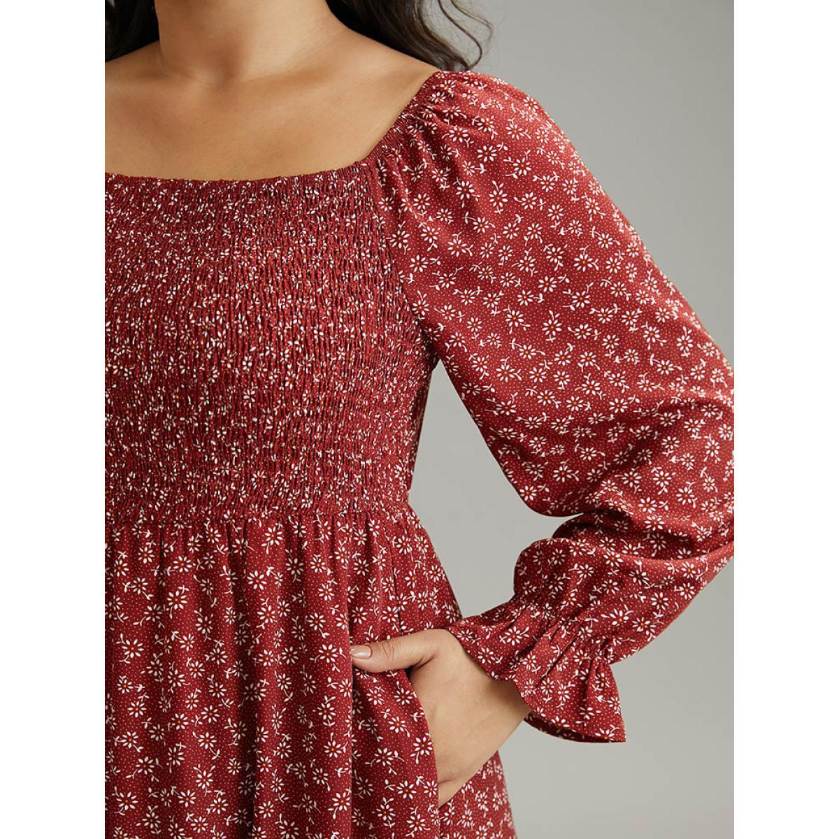 Plus Size Ditsy Floral Square Neck Shirred Gathered Dress DustyPink Women Elegant Gathered Square Neck Long Sleeve Curvy Midi Dress BloomChic 28/5X Product Image