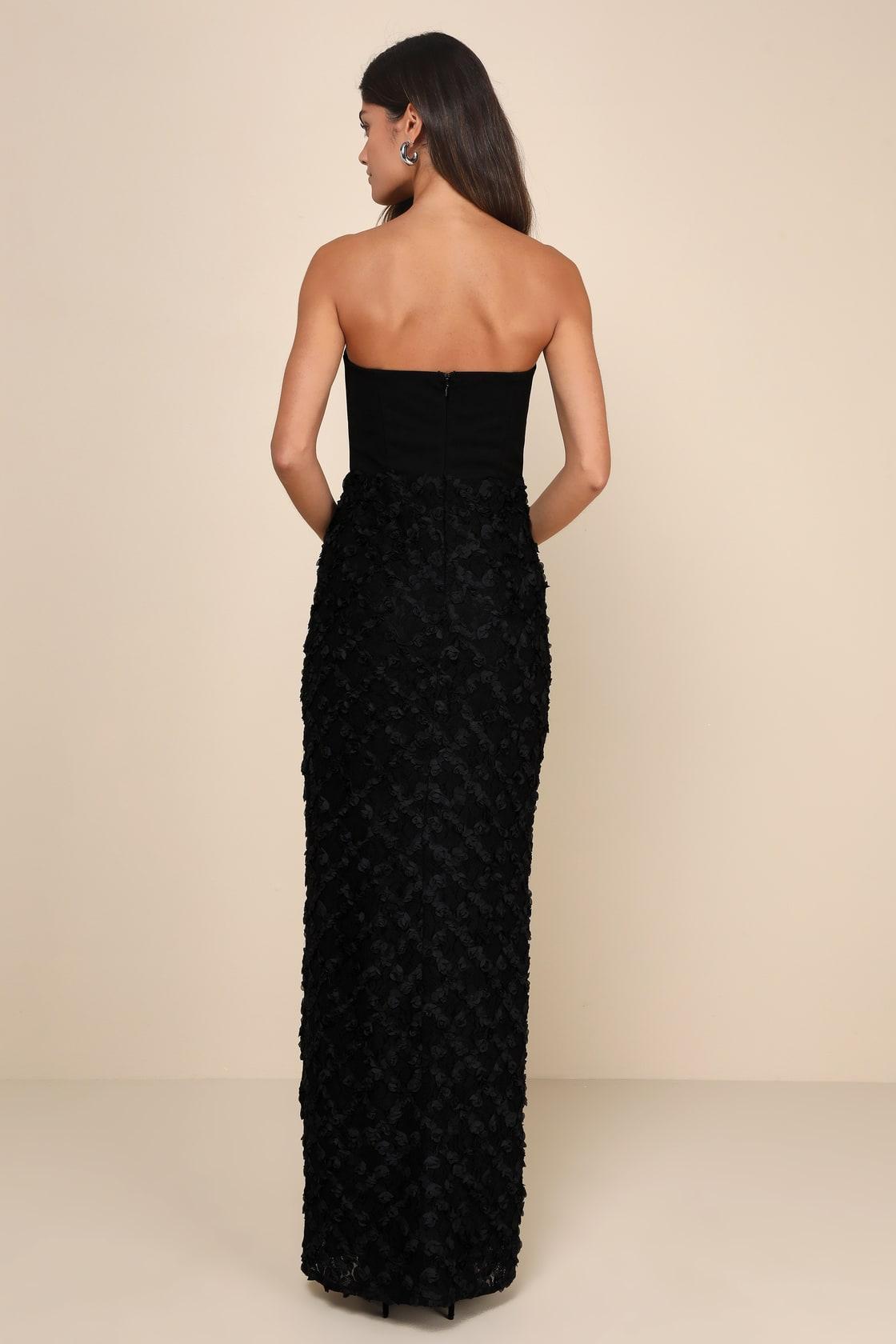 Ravishing Appeal Black 3D Floral Applique Strapless Maxi Dress Product Image