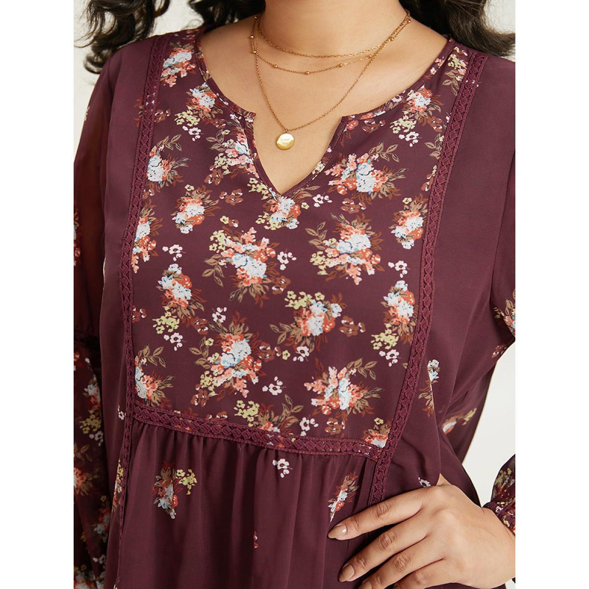 Plus Size Scarlet Floral Print Mesh Lace Patchwork Lantern Sleeve Blouse Women Elegant Long Sleeve V-neck Dailywear Blouses BloomChic 30/6X Product Image