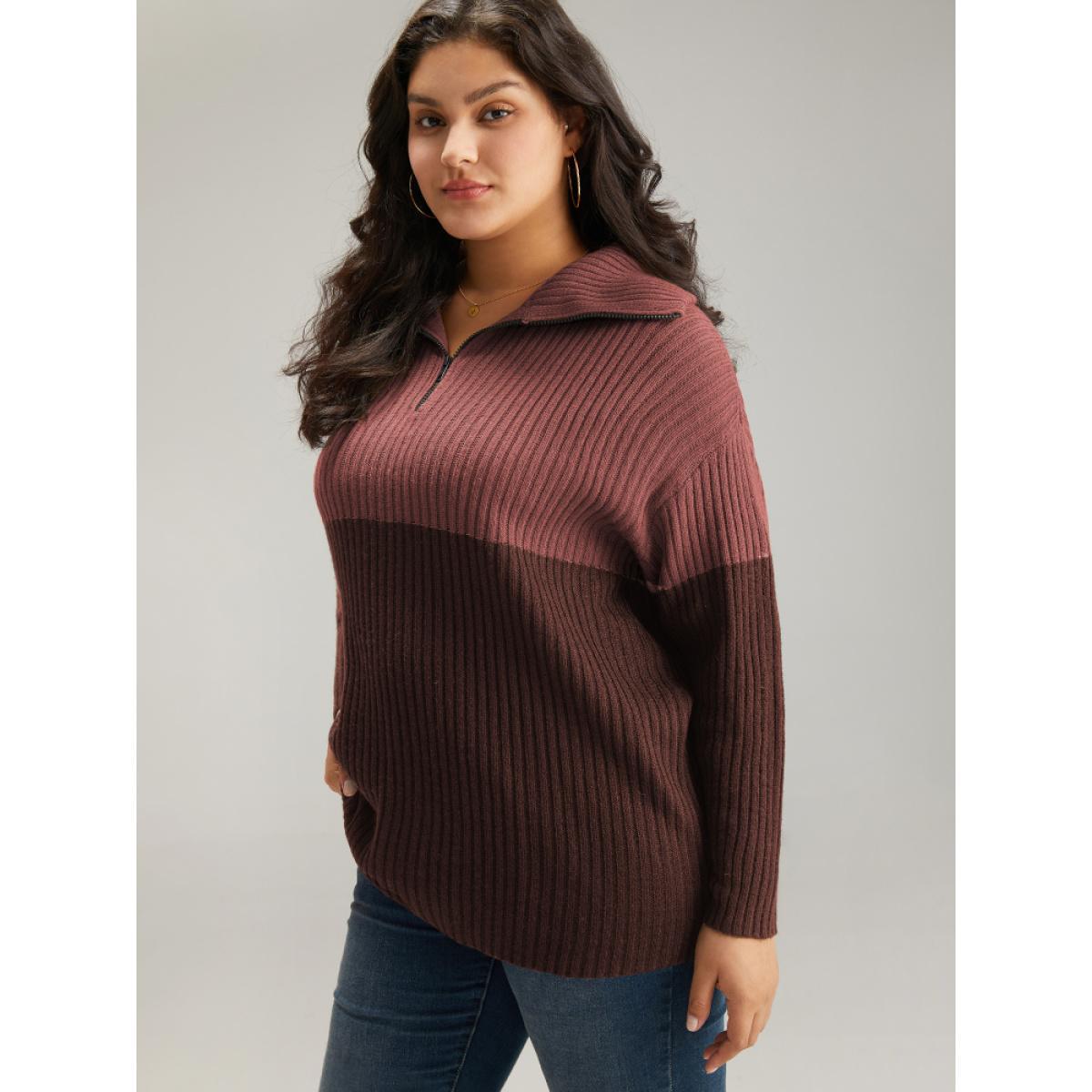 Plus Size Colorblock Contrast Half Zip Lapel Collar Pullover Rust Women Casual Loose Long Sleeve Lapel Collar Dailywear Pullovers BloomChic 12/L Product Image