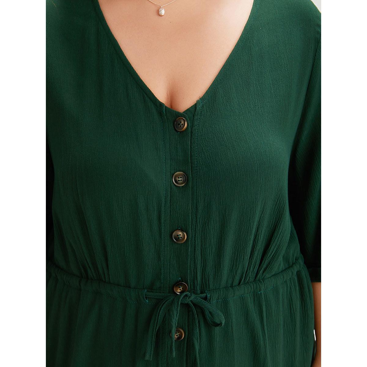 Plus Size Cyan Plain Textured V Neck Pocket Button Through Drawstring Jumpsuit Women Casual Half Sleeve V-neck Dailywear Loose Jumpsuits BloomChic 14-16/1X Product Image