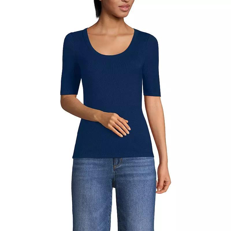 Women's Lands' End Elbow Sleeve Scoop Neck Tee, Size: Large, Frosted Green Stripe Product Image