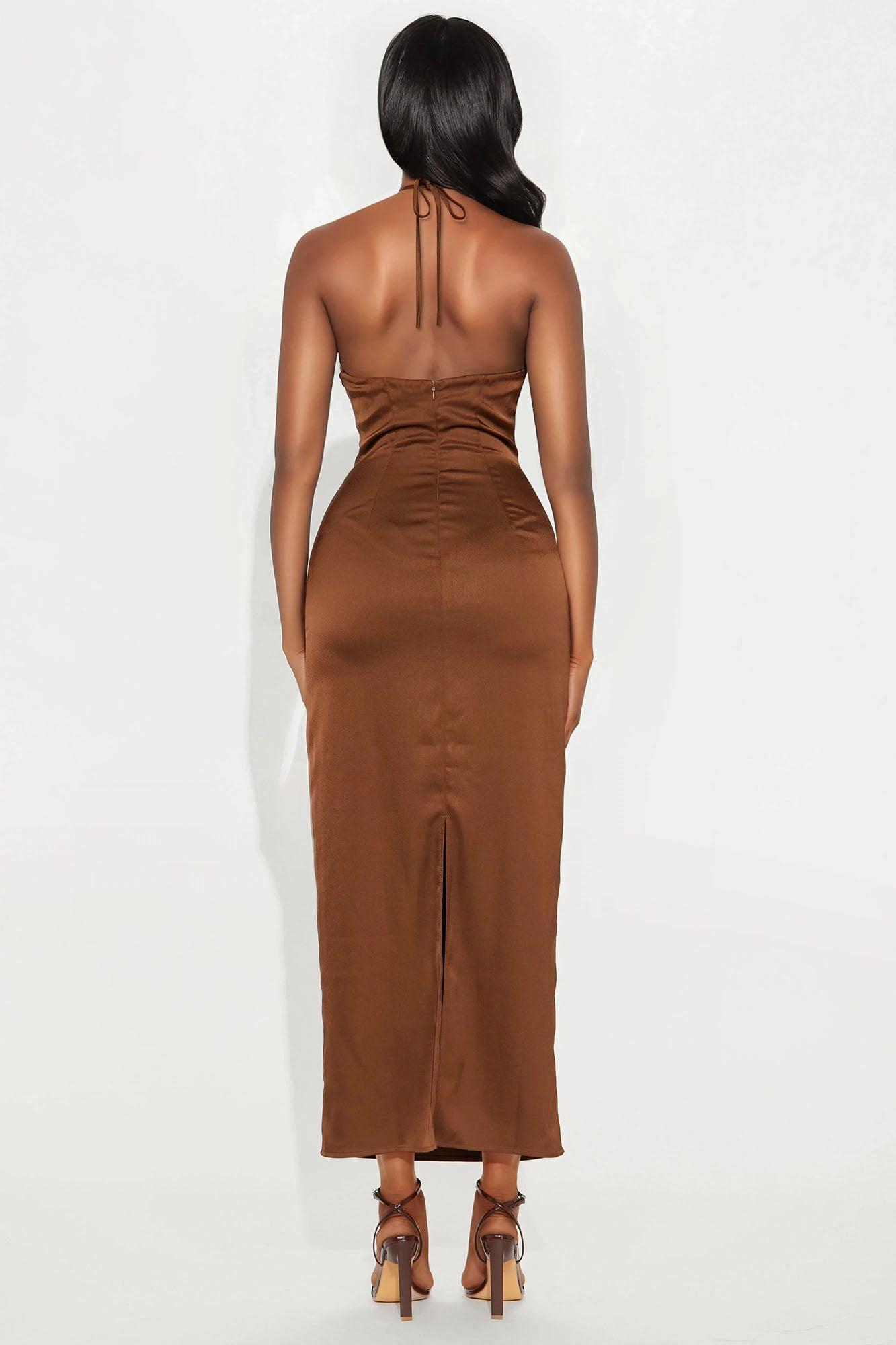 Andrea Satin Lace Maxi Dress - Chocolate Product Image