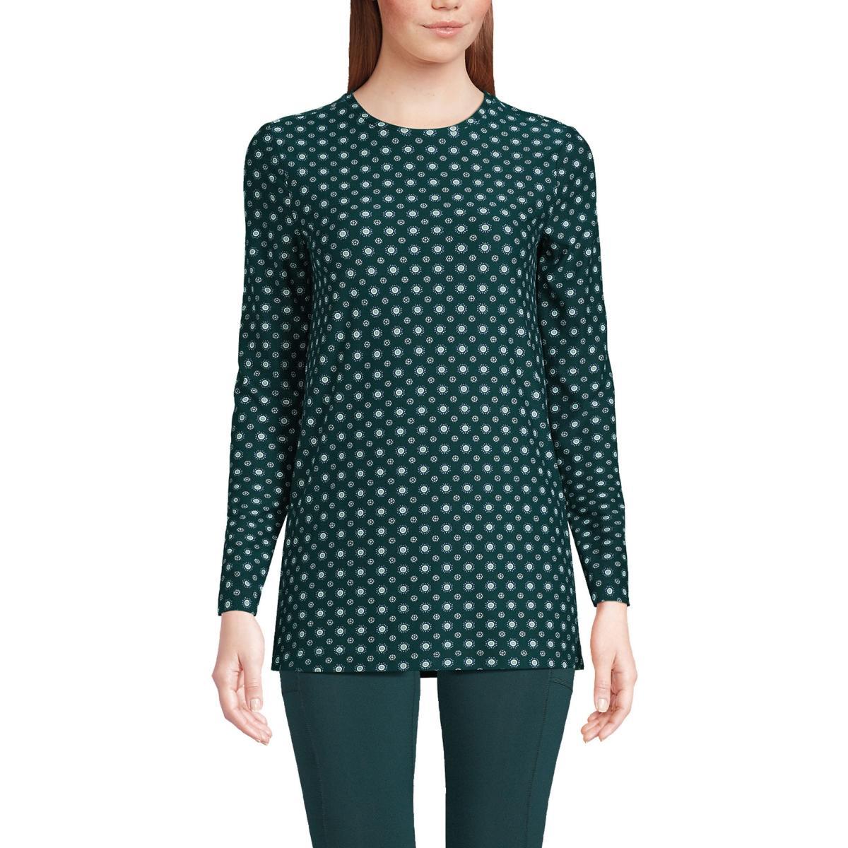 Petite Lands End Long Sleeve Performance Crew Neck Tunic, Womens Red Geo Product Image