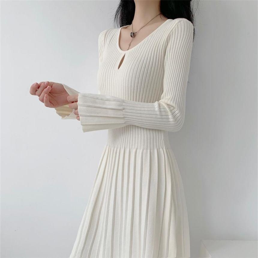 Long-Sleeve Plain Ribbed Keyhole Mini Knit Dress Product Image
