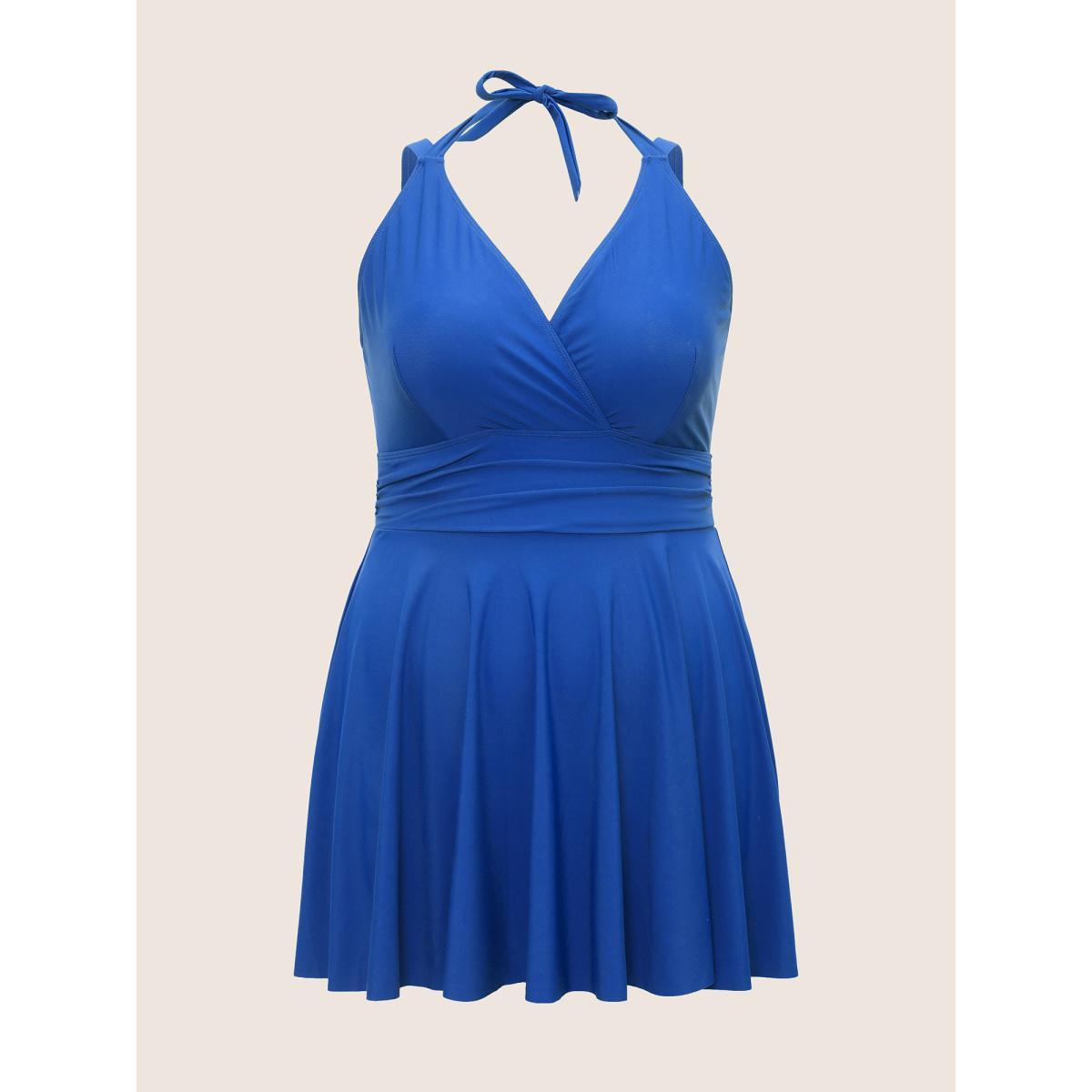 Plus Size Solid Ruffle Hem Empire Waist Halter Neck Swim Dress Women's Swimwear Blue Beach Bodycon Halter neck High stretch Curve Swim Dresses BloomChic 22-24/3X Product Image