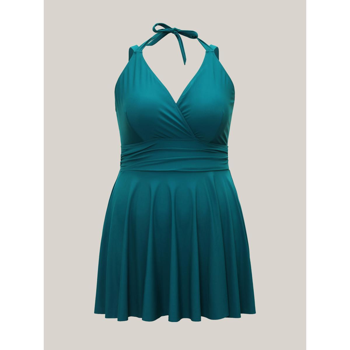 Plus Size Solid Ruffle Hem Empire Waist Halter Neck Swim Dress Women's Swimwear Cerulean Beach Bodycon Halter neck High stretch Curve Swim Dresses BloomChic 18-20/2X Product Image