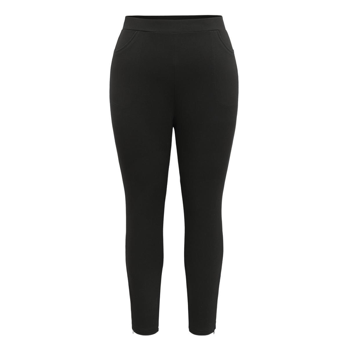 Plus Size Solid Zipper Hem Elastic Waist Skinny Pants Women Black Office Skinny Mid Rise Work Pants BloomChic 10/M Product Image