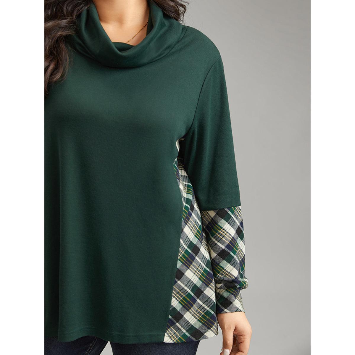Plus Size Mock Neck Plaid Patchwork Knit T-shirt DarkGreen Women Casual Patchwork Plaid Mock Neck Dailywear T-shirts BloomChic 18-20/2X Product Image