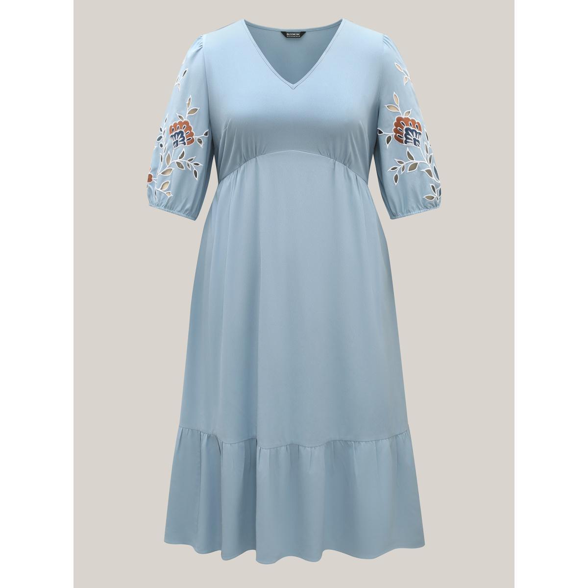 Plus Size Cut-Out Embroidery Stretchy Waist Midi Dress Skyblue Women V-neck Half Sleeve Curvy BloomChic 22-24/3X Product Image