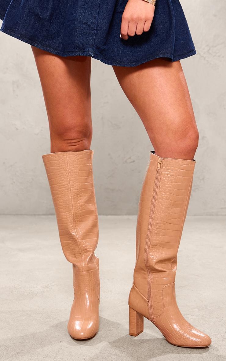 Nude Pu Croc Round Toe High Heeled Block Knee Boots Product Image