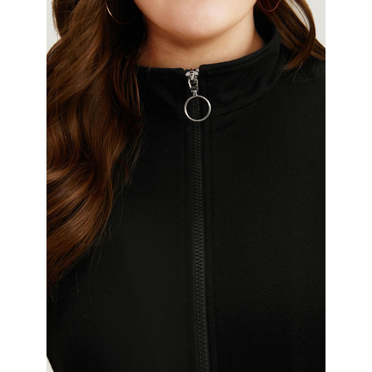 Plus Size Striped Geometric Mock Neck Zipper Jacket Women Black Contrast Everyday Jackets BloomChic 22-24/3X Product Image