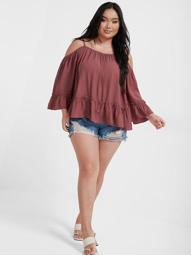 Plain Ruffles Cold Shoulder Frill Trim Blouse Female Product Image