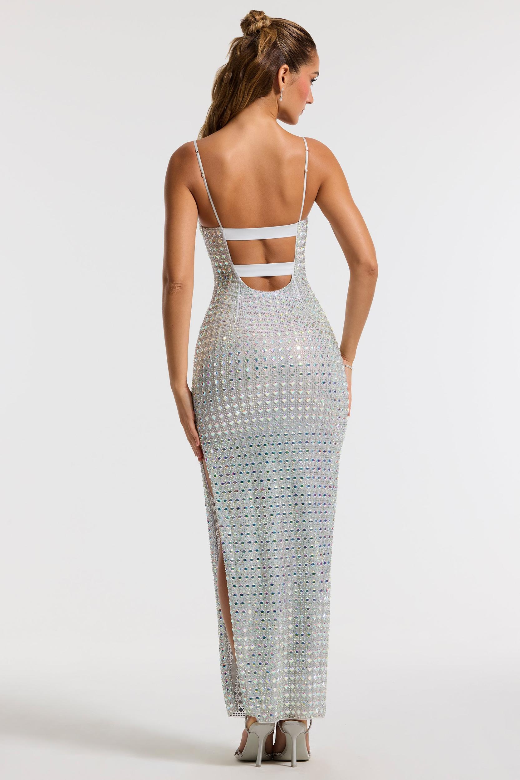 Embellished Square Neck Evening Gown in Silver Product Image