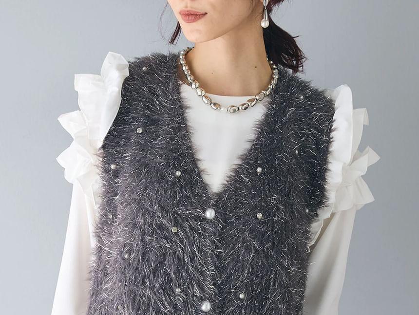 Fluffy Pearl Button V-Neck Sleeveless Vest Product Image
