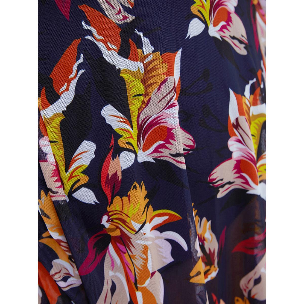 Plus Size Floral Mesh Surplice Neck Ruffles Swim Dress Women's Swimwear Indigo Vacation Bodycon V-neck High stretch Curve Swim Dresses BloomChic 14-16/1X Product Image