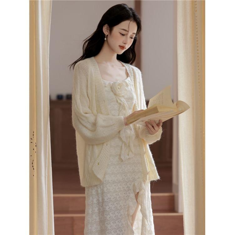 Spaghetti Strap Flower Accent Slit Midi A-Line Dress / V-Neck Cardigan / Set Product Image