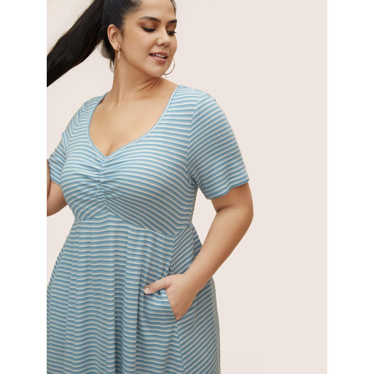 Plus Size Stripes Waffle Knit Ruched Pocket Dress LightBlue Women Casual Gathered Heart neckline Short sleeve Curvy BloomChic 28/5X Product Image