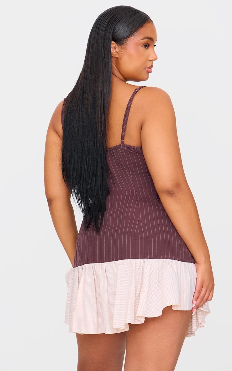 Plus Brown Contrast Pinstripe Frill Hem Shift Dress Product Image