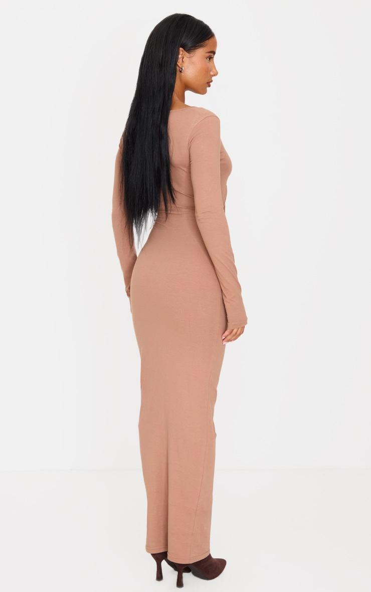 Taupe Cotton Twist Cut Out Long Sleeve Midaxi Dress Product Image