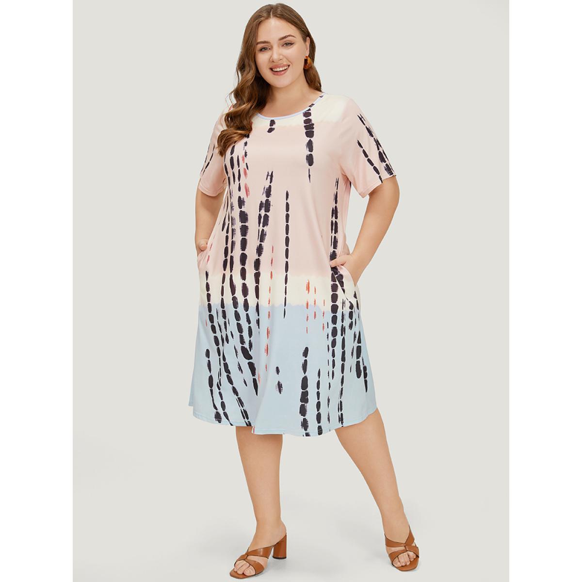 Plus Size Tie Dye Crew Neck Pocket Color Block Contrast Dress Multicolor Women Vacation Contrast Round Neck Short sleeve Curvy Midi Dress BloomChic 26/4X Product Image
